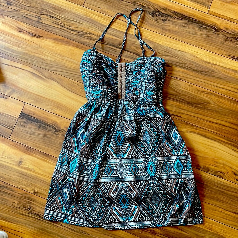 Cute brown and blue geometric spring summer dress